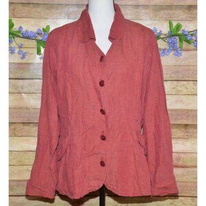 FLAX Button Up Linen Jacket Blouse Blazer Size M V-Neck Collared Pockets Career